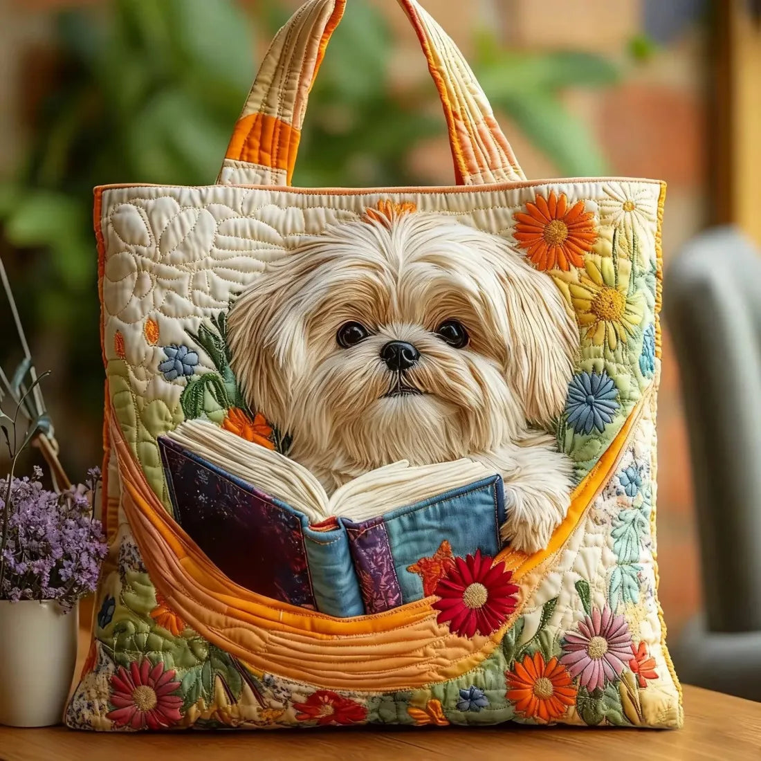 HÅNDLAVET TASKE - SHIH TZU OG BØGER