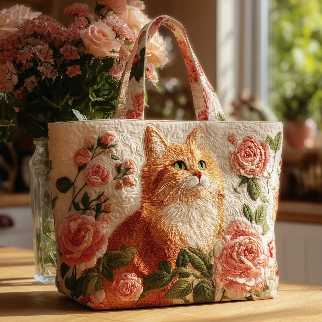 HÅNDLAVET TASKE - DEN BRUNE KAT OG ROSEN