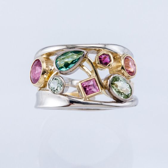 Vintage ring i farvet glas med guld og sølv