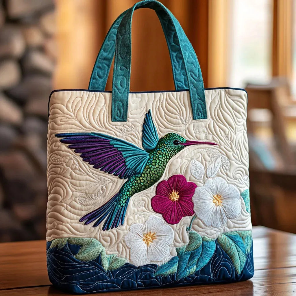 HÅNDLAVET TASKE - KOLIBRI OG BLOMSTER