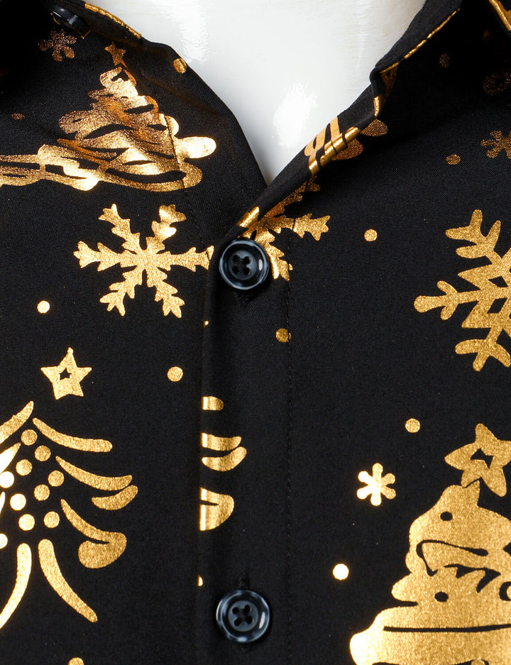 Herre Guld Jul Print Sort Langærmet Skjorte