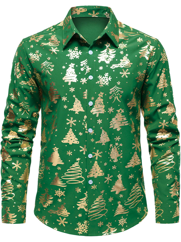 Herre Guld Juleprint Regular Fit Grøn Langærmet Skjorte