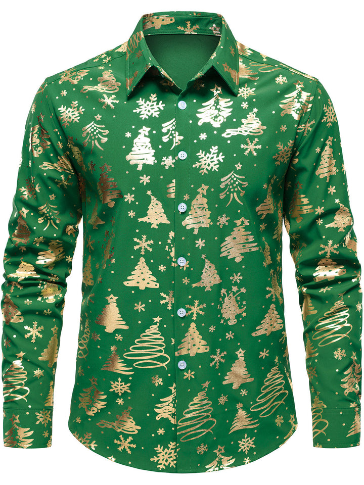 Herre Guld Juleprint Regular Fit Grøn Langærmet Skjorte