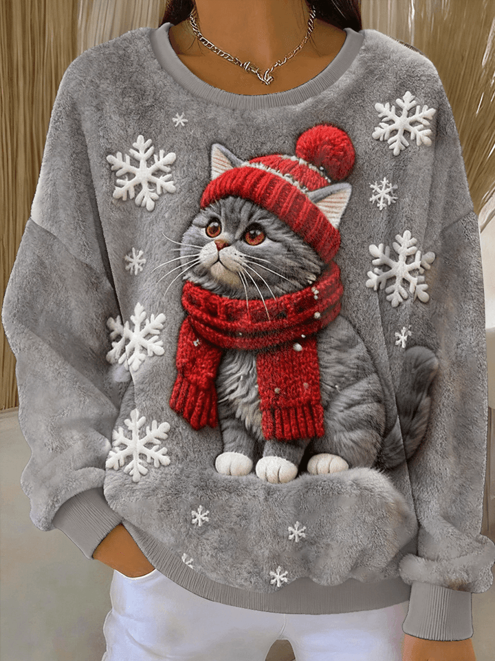 Kvinders Søde Jule Kat Kunst Print Casual Flannel Hoodie