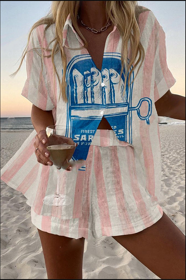 Silava | Linned shorts-sæt med sardineprint