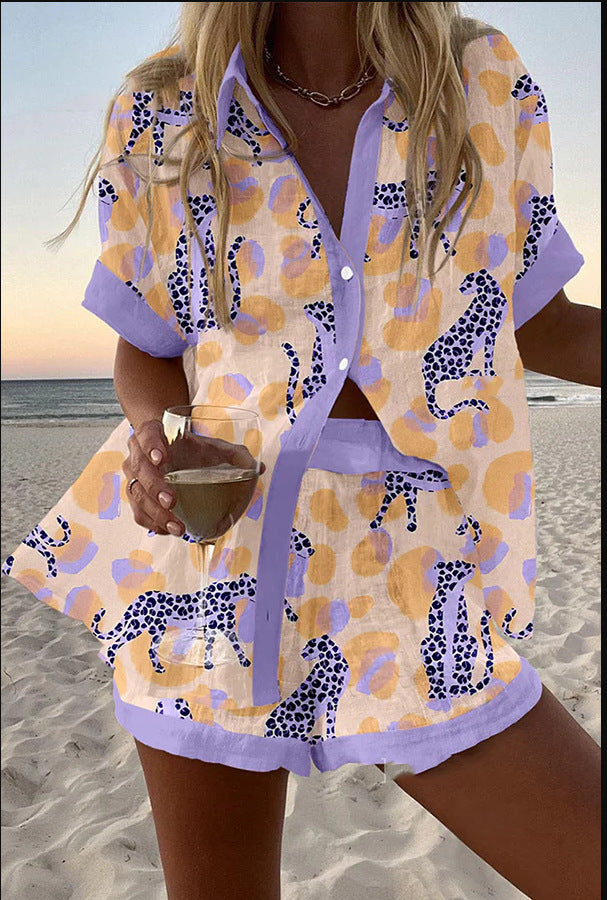 Reolia | Linned Shorts Sæt med Leopardprint