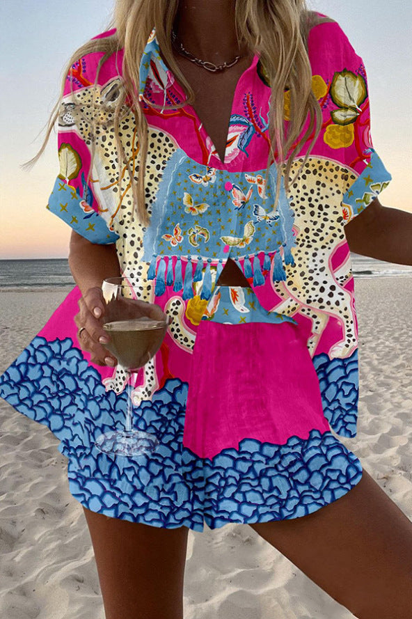 Belina™ | Linned-shorts-sæt med sommerfugletryk