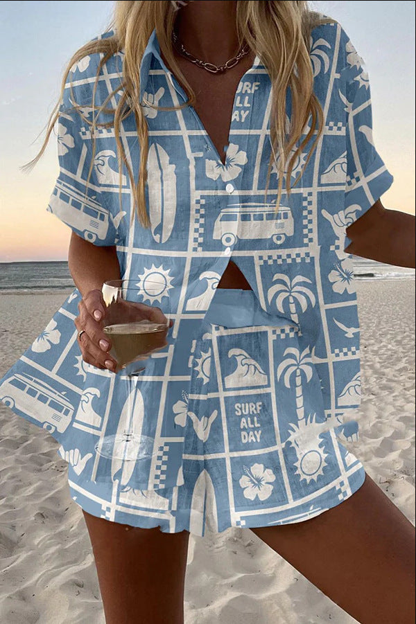 Trenara | Linnedshorts-sæt med campingvogn-print