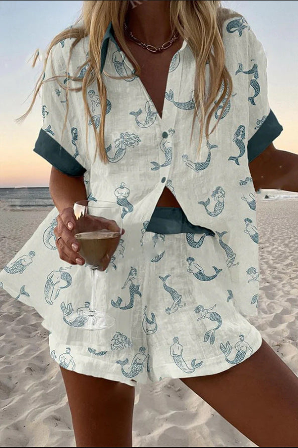 Jalira | Linned shorts sæt med havfrueprint