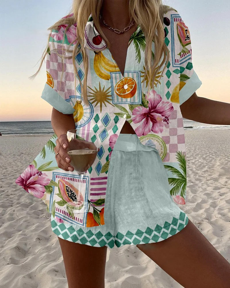 Maevin | Linned-Shorts-Sæt med Frugtprint