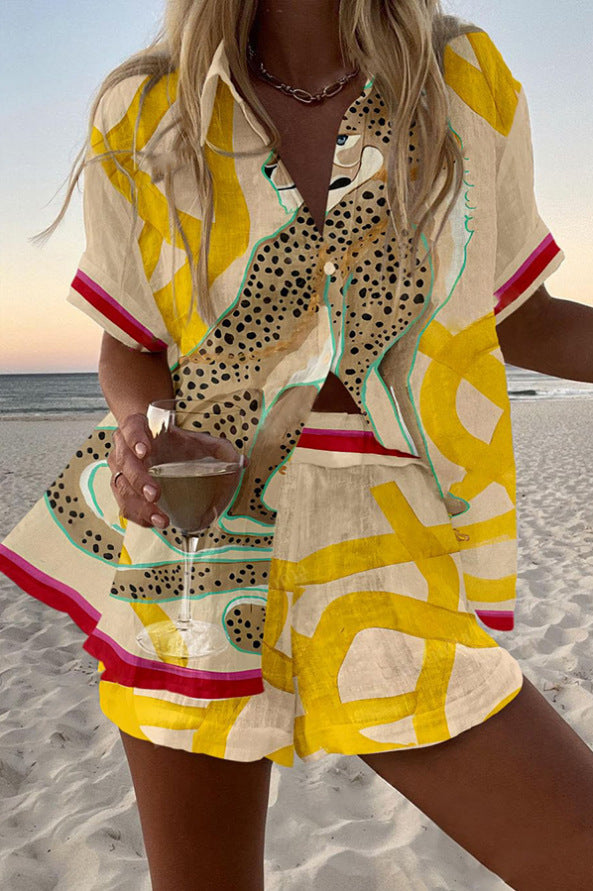 Casima | Linned shorts sæt med gepard print