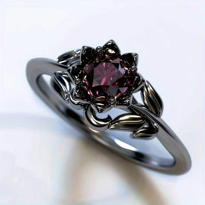 Anillo Vintage con Flor en Piedra Roja