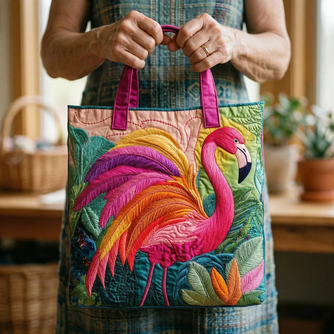 HÅNDLAVET TASKE - FLAMINGO OG REGNBUE