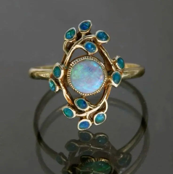 Vintage blå ring med krystaller og opal