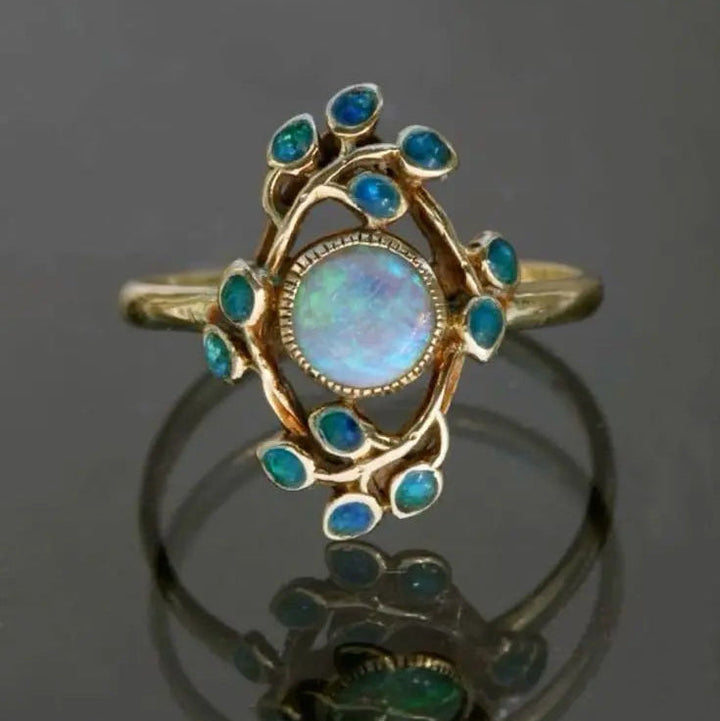 Vintage blå ring med krystaller og opal