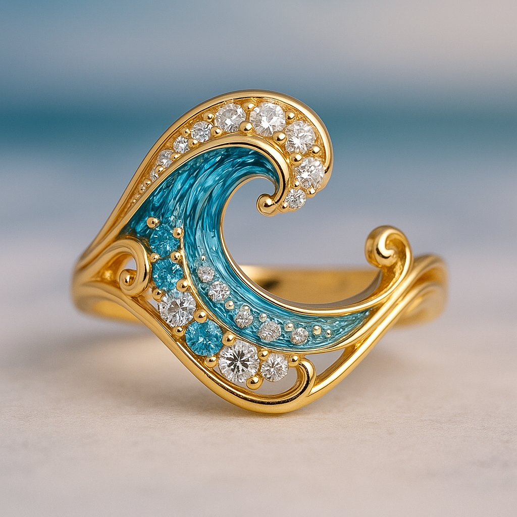 Ring med gnistrende blå bølge