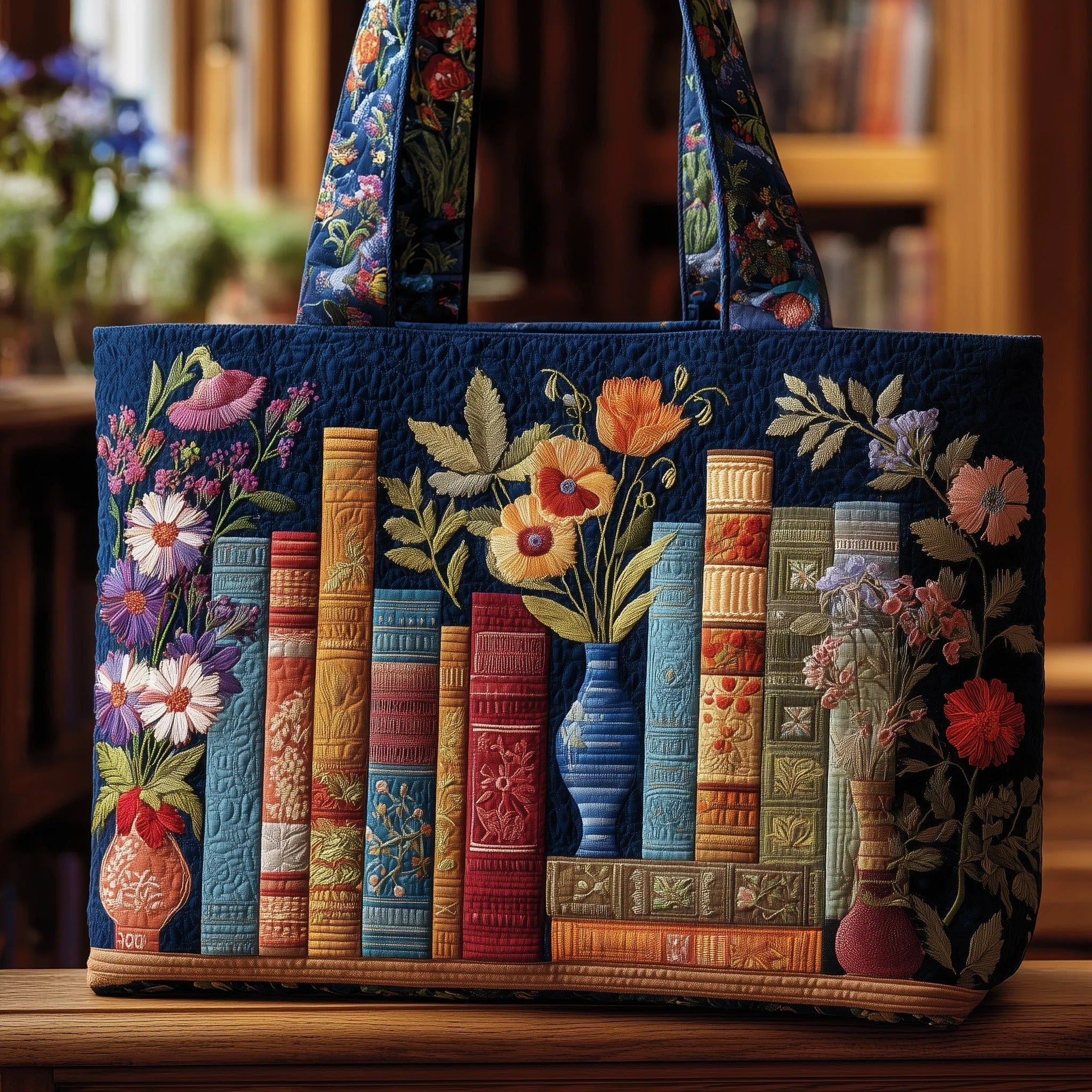 HÅNDLAVET TASKE - BIBLIOTEK MED BLOMSTER