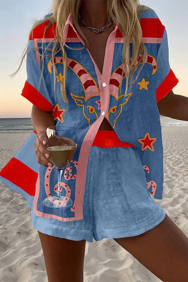 Jorelle | Linned shorts-sæt med gedetryk