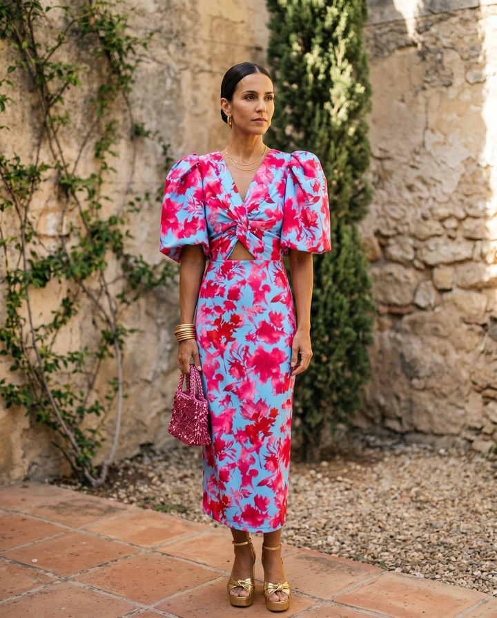 Carla | Midi Kjole med Puffede Ærmer