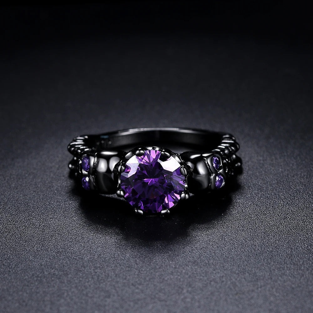Vintage Sort Rund Ring med Lilla Ædelsten og Indviklet Design