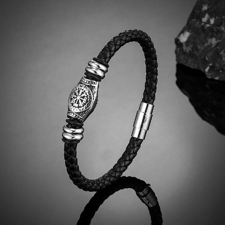 Črna Viking Compass pletena usnjena zapestnica