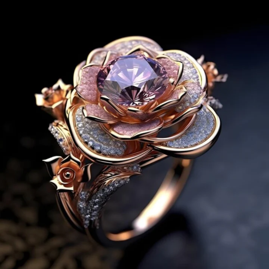 Bilhante ring med eksotiske blomster i lag